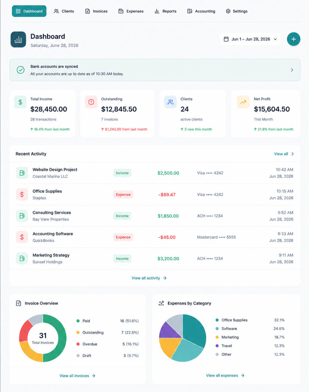 Example custom business dashboard with income, expenses and recent activity